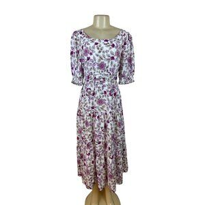 Ann Taylor Women’s Floral White & Purple Midi Dress With Puff Sleeves Sz 8 - New
